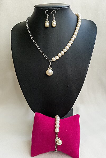 BİJUTERİ EVİ Oval Incili Kalın Zincir Detaylı Kadın Kolye Bileklik Küpe Seti ...