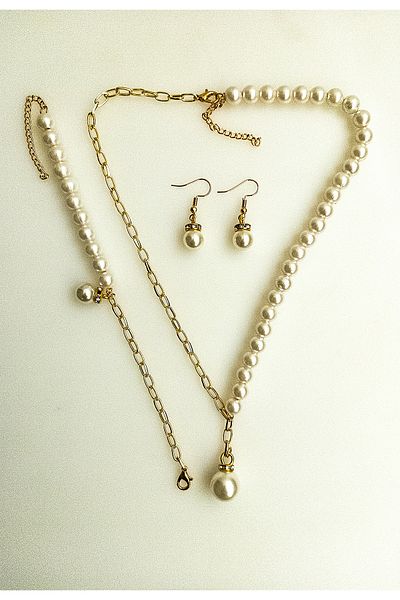BİJUTERİ EVİ Women's Necklace Bracelet Earring Set with Oval Pearl and Thick Chain Detail