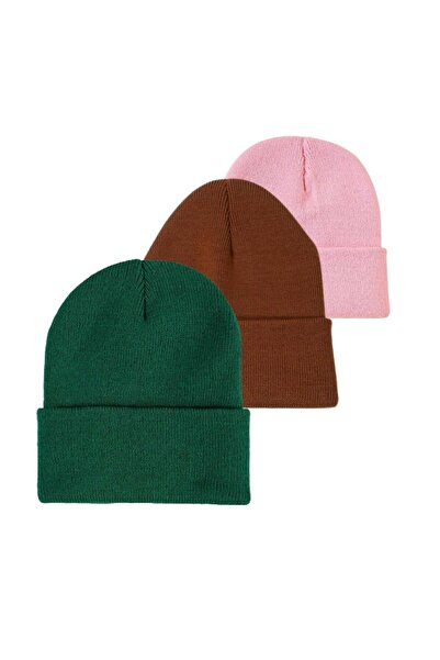 AİLEMM TEKSTİL Set de 3 berete pliabile de iarnă verde-maro-roz unisex