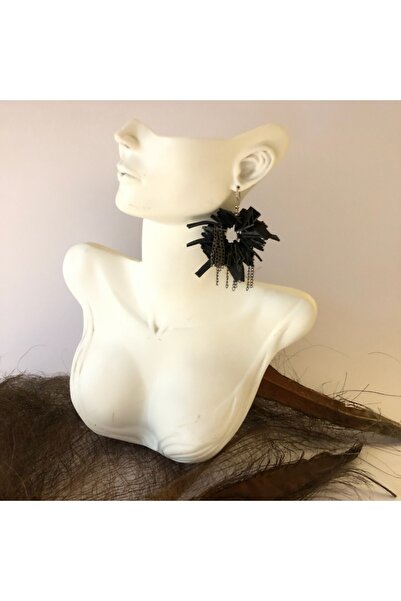 AGG TASARIM Siyah Yuvarlak Saçaklı Deri Küpe