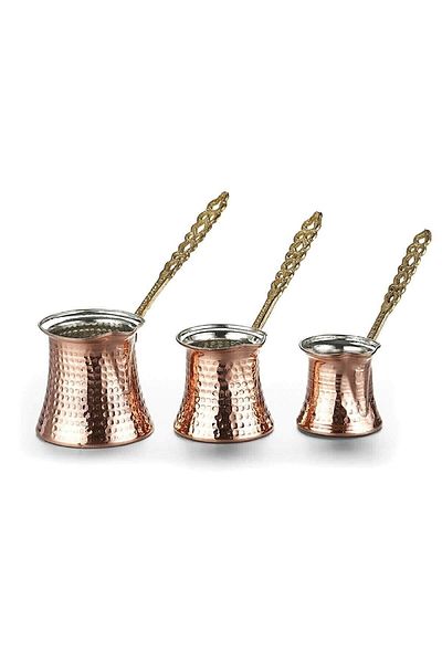 KT HOME طقم إبريق قهوة نحاسي كلاسيكي مكون من 3 قطع صغيرة ومتوسطة وكبيرة الحجم من Jazva مجموعة إبريق قهوة تركي
