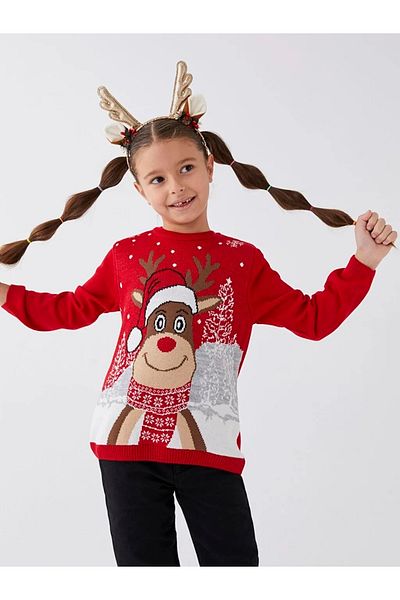 LC Waikiki New Year's Themed - Long Sleeve Crew Neck Girls' Knitwear Sweater