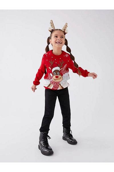 LC Waikiki New Year's Themed - Long Sleeve Crew Neck Girls' Knitwear Sweater