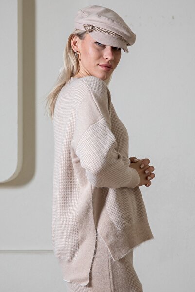 Serianno Kadın V Yaka Düşük Kol Pitikare Desenli Kazak