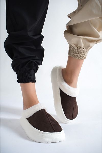 BAKGİY Brown Women's Wool Inside House Slippers Bg1143-127-0001