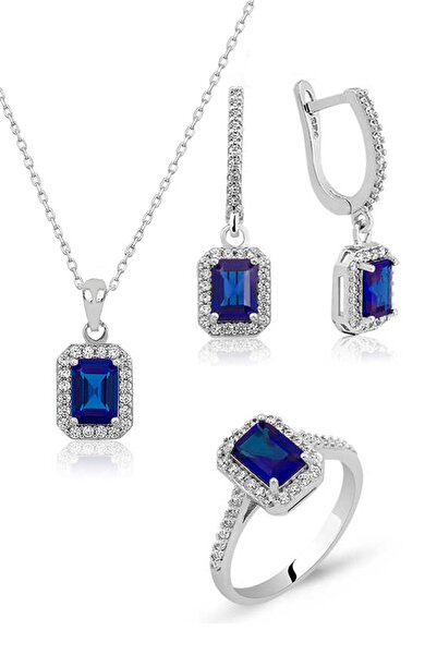 Molenga Baget Taşlı Üçlü Gümüş Set Takım Safir Renk
