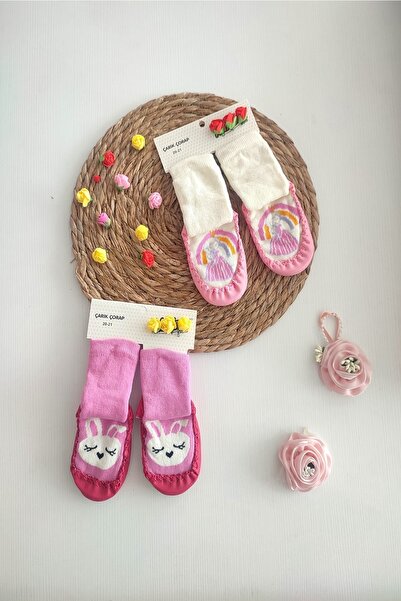 dubi baby Nazlı Baby Alt Deri Kaydırmaz 2'li Bebe Çarık Çorap