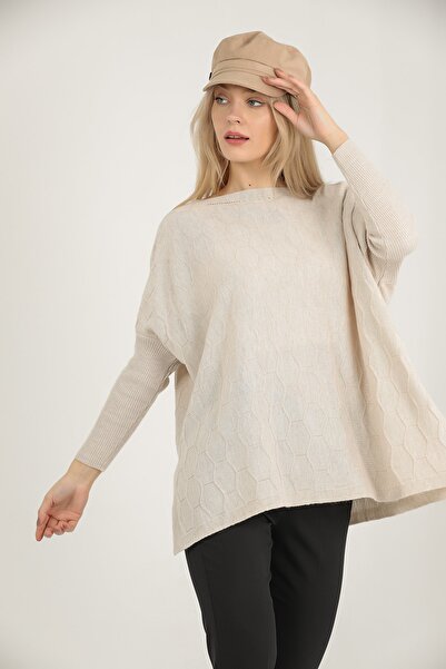 VEGENZE Γυναικών μπεζ κηρήθρα μοτίβο λεπτό πουλόβερ Poncho πουλόβερ