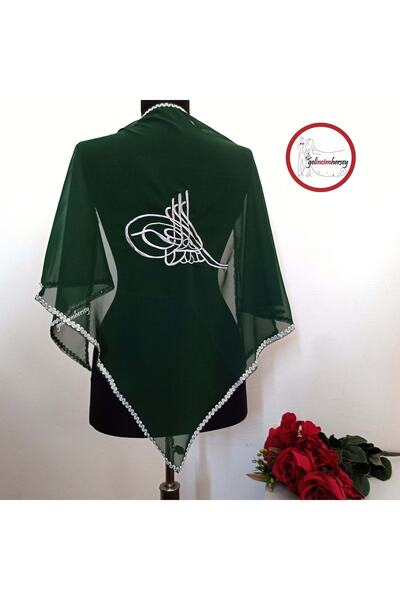 Gelincimherşey Green Silver Embroidered Tuğra Patterned Groom Shawl Veil Cover
