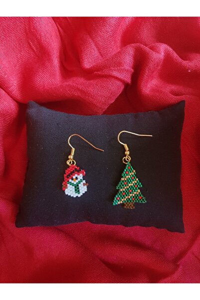 SEARD Miyuki Boncuk El Yapımı Minik Kardan Adam Ve Çam Ağacı Küpe Yılbaşı Christmas Noel