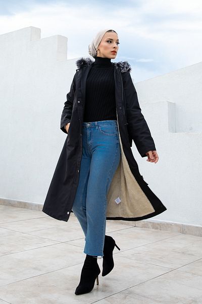 festmoda Women's Dark Black Fur Fleece Inside Coat Hn