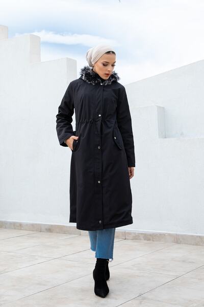 festmoda Women's Dark Black Fur Fleece Inside Coat Hn