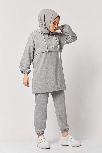 festmoda Women's Gray Half Zipper Double Sports Suit