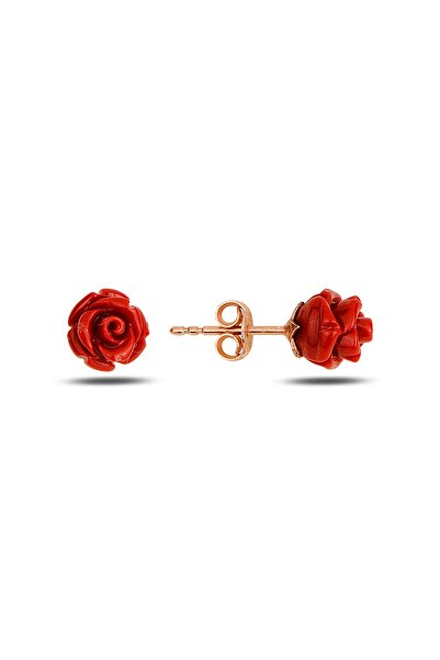 Bilsen Store 925 Ayar Gümüş Rose Kaplama Kırmızı Gül Küpe