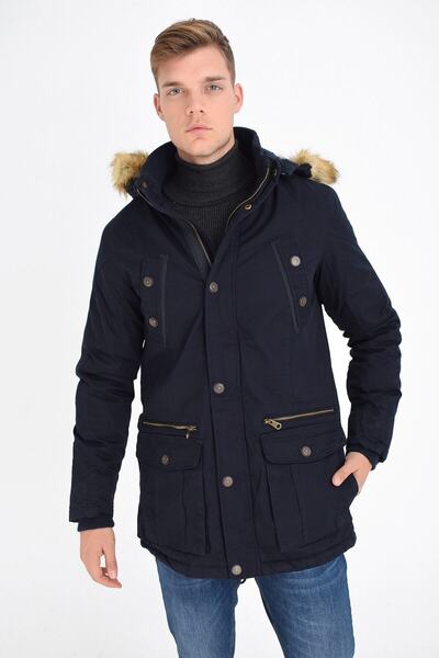 DYNAMO Men's Navy Blue Hooded Faux Fur Lined Waterproof Thick Coat