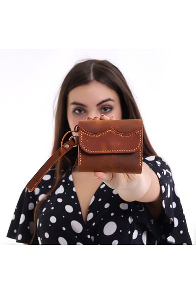 REON CRAFT Genuine Leather Handmade Mini Wristlet Wallet Camel