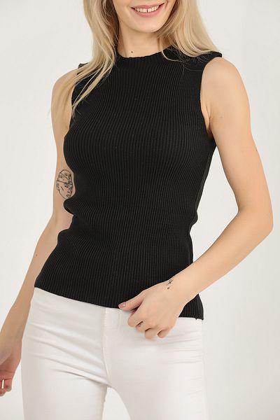 VEGENZE Pulover de damă, negru, cu guler, cu mâneci zero, cu nervuri, elastic, tricotaj