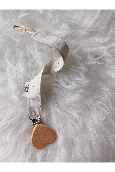 GOER STORE Natural Wooden Heart Detailed White Polka Dot 100% Cotton Fabric Baby Pacifier Strap