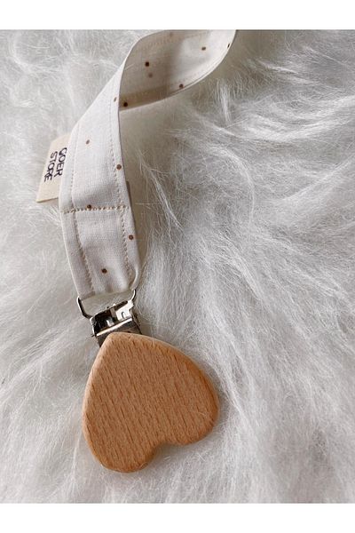GOER STORE Natural Wooden Heart Detailed White Polka Dot 100% Cotton Fabric Baby Pacifier Strap