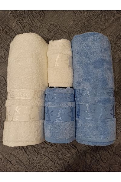 ŞENER HOME Σετ μπάνιου μπαμπού πρώτης ποιότητας 4 τεμαχίων, πετσέτα μπάνιου και κεφαλιού - κρέμα & μπλε