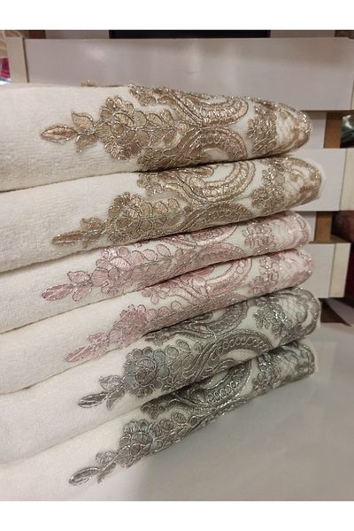 ŞENER HOME 6 Συσκευασία Γαλλική Δαντέλα Προίκα Βελούδο 50x90 Πετσέτες Χεριών & Προσώπου - Κρεμ Καφέ Πούδρα Γκρι