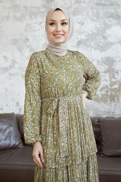 InStyle Φόρεμα Hijab από σιφόν με σχέδια Dena - Χακί