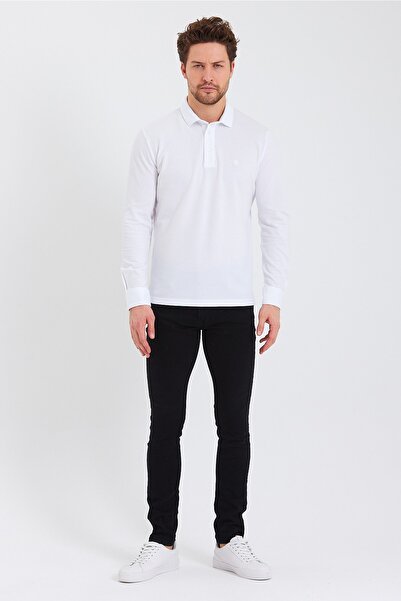 ENQUE Чоловіче поло з довгим рукавом з комфортним коміром Basic White Tisort