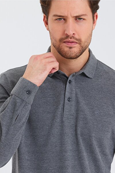 ENQUE Чоловіче поло з довгим коміром Comfort Collar Long Sleeve Basic Anthracite Tisort