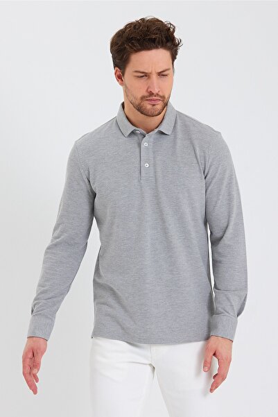 ENQUE Erkek Polo Yaka Comfort Uzun Kollu Basic Gri Tişört