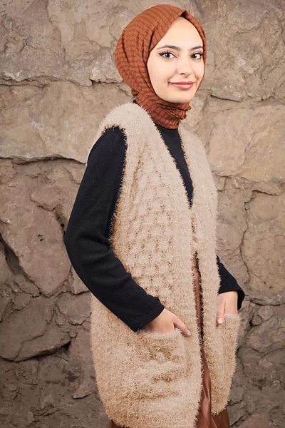 Çt Çeyizci Tekstil Дамски елек с мека плетка и джобове, плетен елек с джобове - Kapuccino
