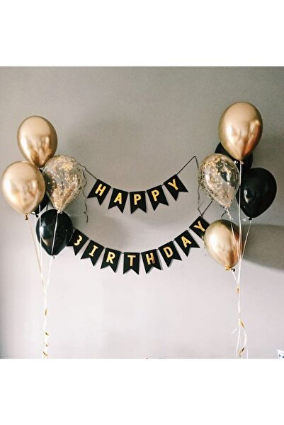MERİ PARTİ Πάρτι γενεθλίων με πανό Happy Birthday και χρώμιο χρυσό μαύρο διαφ...