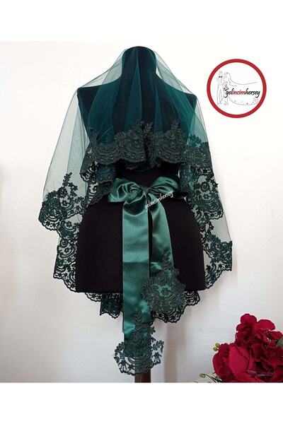 Gelincimherşey Emerald Green Lace Bridal Veil Gloves Sash Complete Set