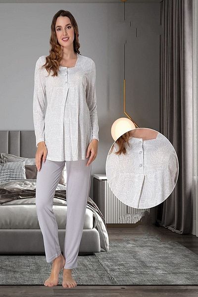 Lohussa Women's Patterned Long Sleeve Cotton Maternity Maternity Dressing Gown Pajama Set