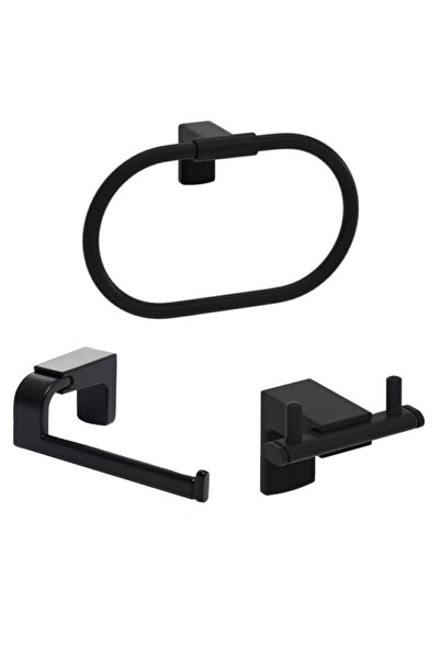 Tema Premium Siyah 3'lü Set Yuvarlak Havluluk Kapaksız Kağıtlık Bornozluk