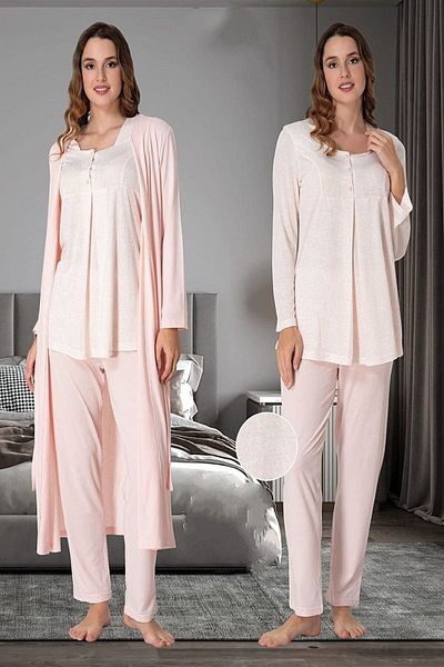 Lohussa Women's Salmon Patterned Long Sleeve Cotton Maternity Maternity Dressing Gown Pajama Set