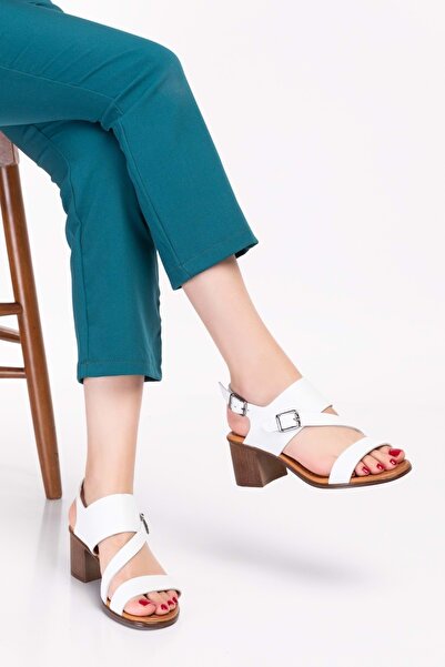 Gondol Hakiki Deri Topuklu Sandalet Iz.620 - Beyaz - 41