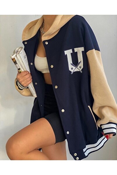 Moda Akai Unısex Oversıze Usa Kapüşonlu Nakışlı Cepli 3 Iplik Kolej Ceket