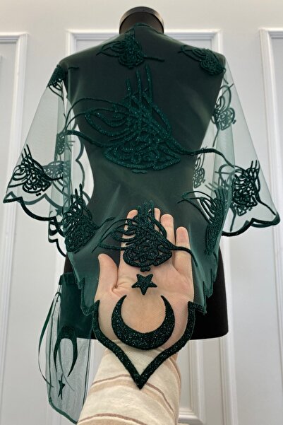 ZEYMERADE Yeşil Simli Tuğra Ayyıldız Damat Omuz Örtüsü Şalı, Kına Örtüsü, Sağdıç Asker Örtüsü