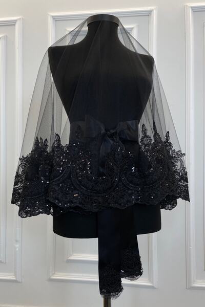 ZEYMERADE طقم حجاب زفاف أسود، نمط السلطان، مزين بجلد