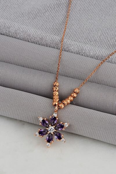 Bilsen Store 925 Ayar Gümüş Zincirli Rose Kaplama Dorika Toplu Mor Damla Taşl...