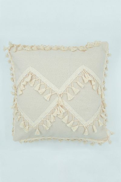 NDC HOME Special Design Single Linen Cream Throw Pillow Cover with Cross Pompom (45X55)