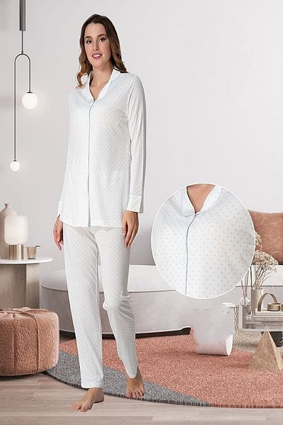Lohussa Set de pijama de maternitate, din bumbac, cu mâneci lungi, cu nasturi albastre, cu buline