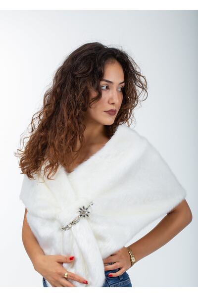 KürkZone Kadın Içten Geçmeli Şal Tipli Ithal Broşlu Gelin, Abiye Kürk Bolero