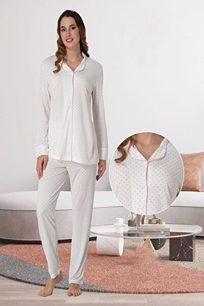 by İGP طقم بيجامة نسائية قطنية منقط باللون الوردي - بأكمام طويلة