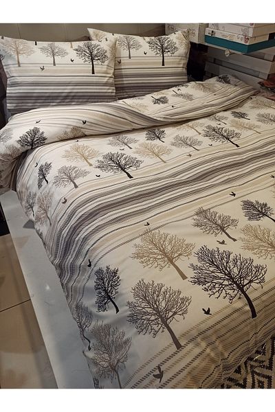 ŞENER HOME Βαμβακερό Σετ Παπλωματοθήκη με Διπλό Νέο Δέντρο της Ζωής - Γκρι, Καφέ