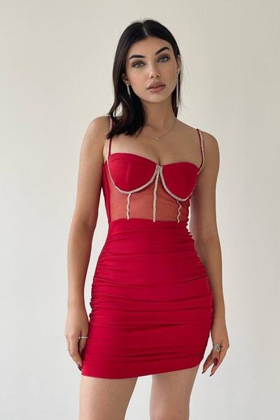 bayansepeti Rochie roșie pentru femei, cu dungi strălucitoare din piatră și tul transparent, rochie roșie de petrecere 145