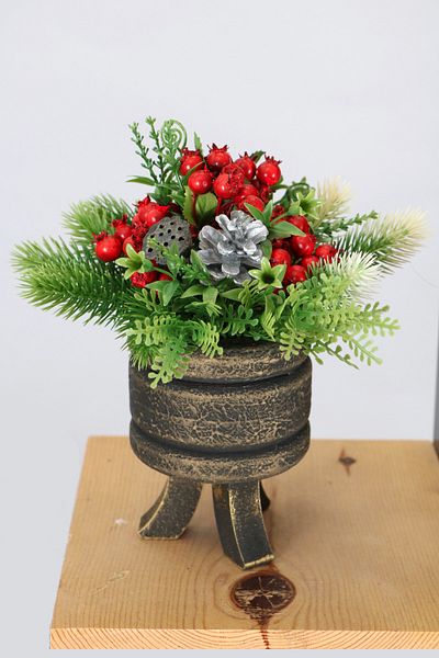 Yapay Çiçek Deposu Vintage New Year's Table Flower in a Footed Pot New Year's Ornament 23 Cm