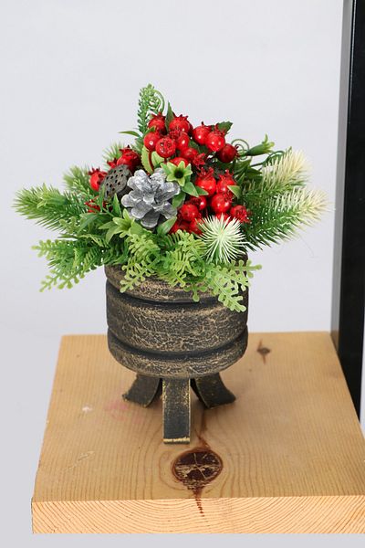 Yapay Çiçek Deposu Vintage New Year's Table Flower in a Footed Pot New Year's Ornament 23 Cm