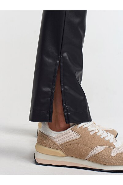 Dilvin 70402 Slit Detailed Faux Leather Trousers-black