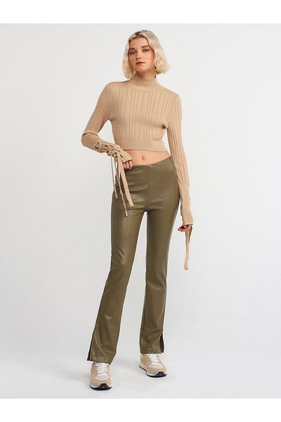Dilvin 70402 Slit Detailed Faux Leather Trousers-khaki